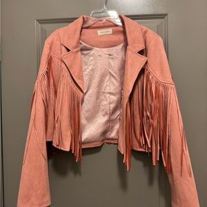 Chic Pink Fringe Faux Suede Jacket
